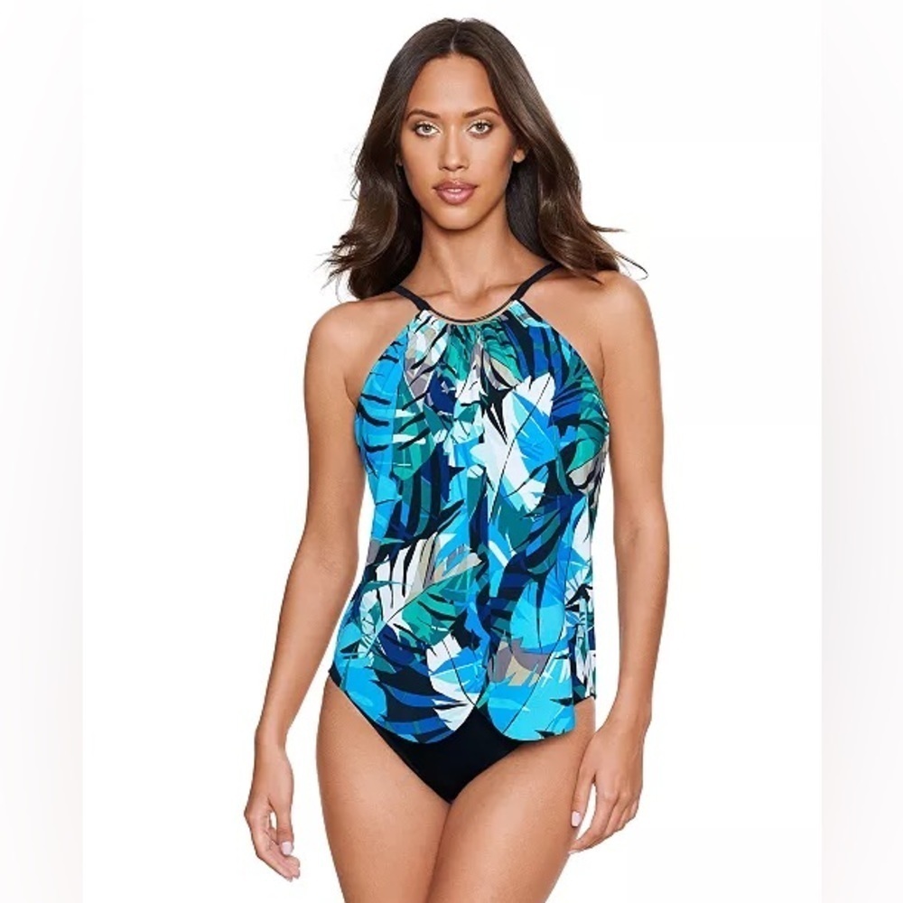 NWT $158 Magicsuit Women's Draped One-Piece Swimsuit Size 16 black and blue palm